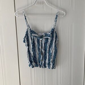 Blue and White Sleeveless Crop Camisole with Ruched Tie Front